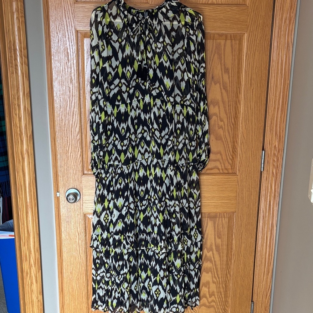 Anthropologie Black & Lime Patterned Long-Sleeve Tiered Maxi Dress